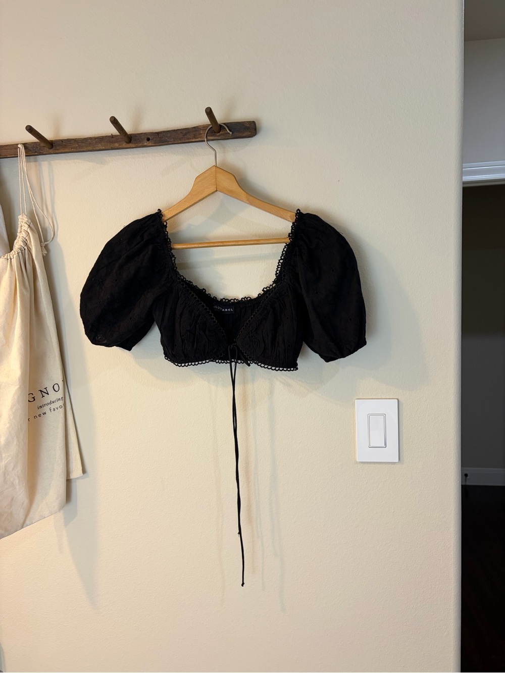 J Lux Label Black Lace Trim Crop Top Small Puff Sleeve